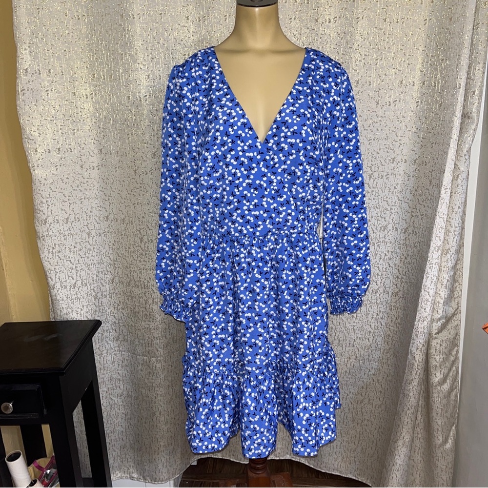 ELIZA J Blue Floral Long Sleeve Blue Fit and Flare Dress, NWT, Size 12